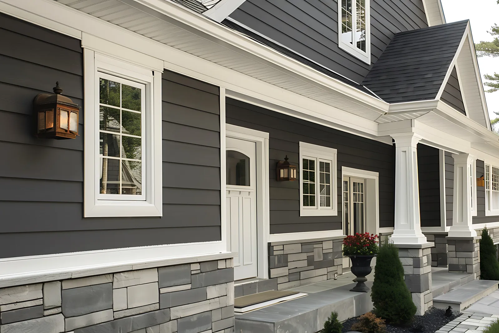Charcoal lap siding with white trim and a stone base on a two-story home