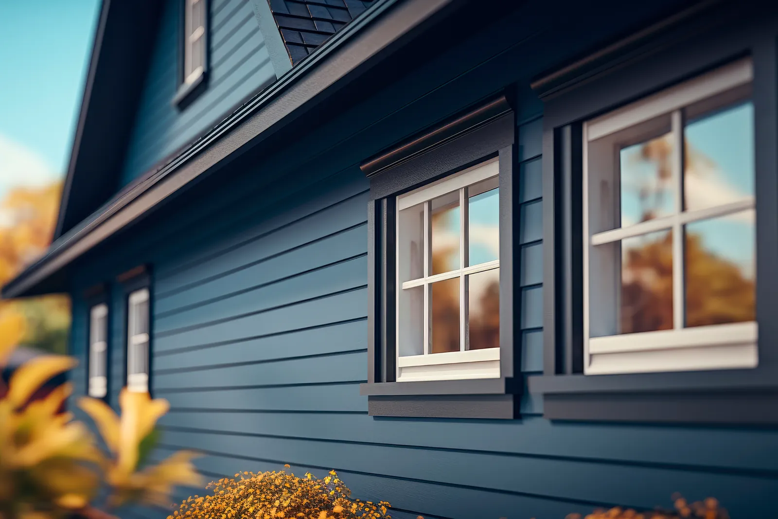 White-grid windows set in dark trim on a home with blue lap siding